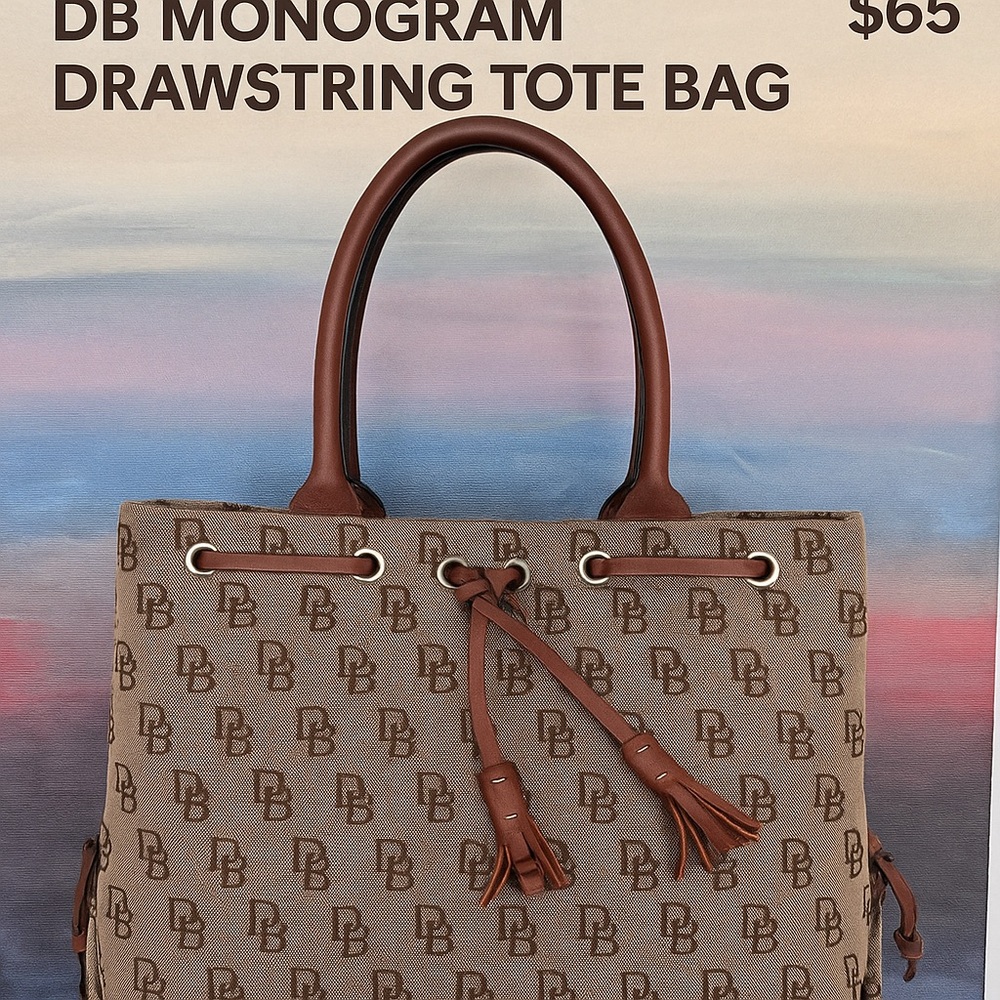 Vintage Dooney & Bourke USA-Made DB Monogram Drawstring Tote Bag Brown Tan